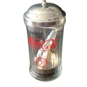 Vintage Coca-Cola Canada 5 Cent Glass Straw Dispenser & Metal Top Coke Coca Cola